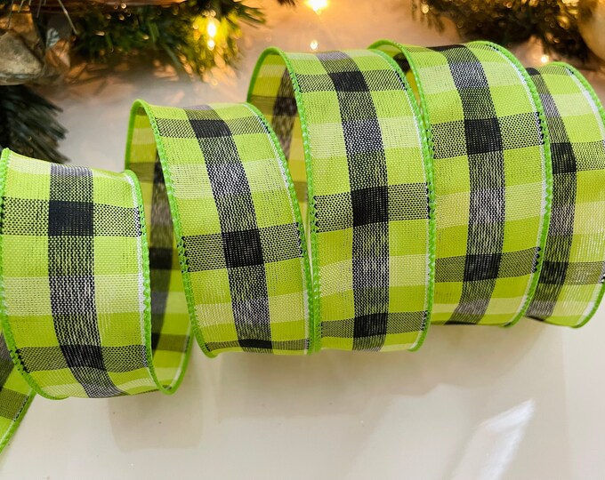1.5” Green & Black Plaid Wired Ribbon - Sold By The Yard