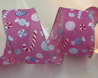 2.5” Christmas Candy Pink Wired Ribbon #916 - Sold By The Yard