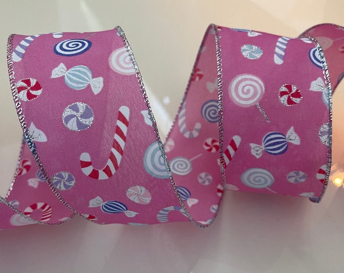 2.5” Christmas Candy Pink Wired Ribbon #916 - Sold By The Yard