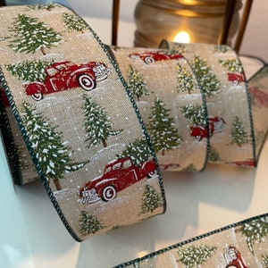2.5” Old Fashioned Christmas Trucks & Trees Wired Ribbon #844 - Sold By The Yard