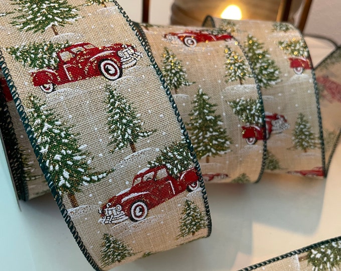 2.5” Old Fashioned Christmas Trucks & Trees Wired Ribbon #844 - Sold By The Yard
