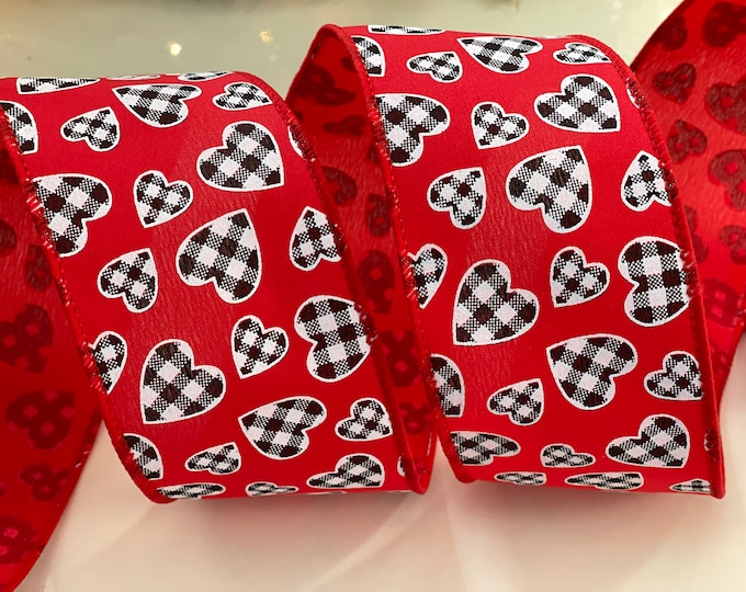 2.5” Red Wired Ribbon With Plaid Hearts #143 - Sold By The Yard