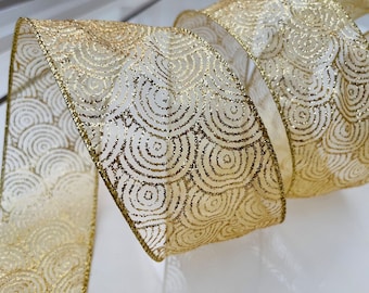 2.5” Golden Glitter Swirls Sheer Wired Ribbon - Sold By The Yard