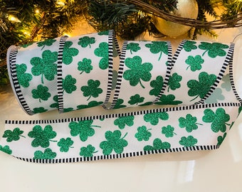 2.5” Green Sparkle Clover Wired Ribbon - 10 Yard Roll