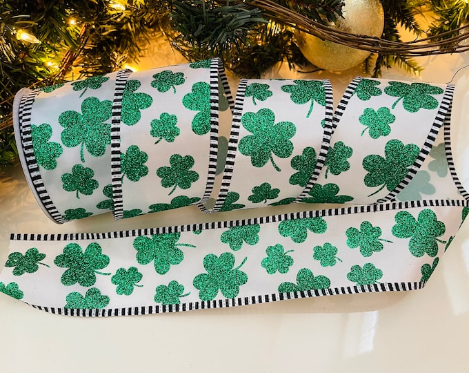 2.5” Green Sparkle Clover Wired Ribbon - 10 Yard Roll
