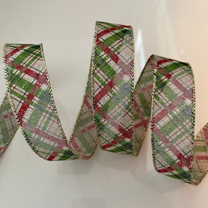 1.5” Red, Green, Gold, & Beige Diagonal Stripe Wired Ribbon #623 - Sold By The Yard