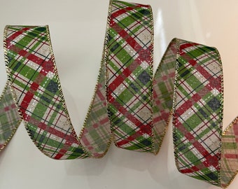 1.5” Red, Green, Gold, & Beige Diagonal Stripe Wired Ribbon #623 - Sold By The Yard