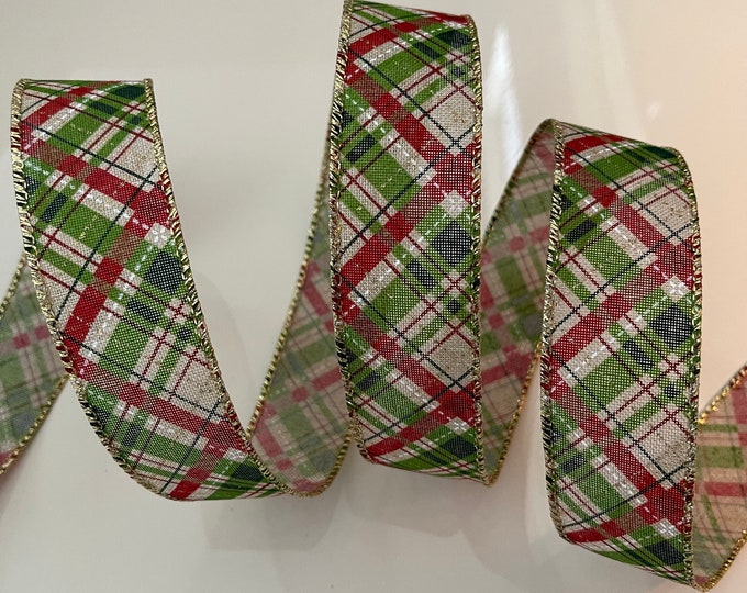 1.5” Red, Green, Gold, & Beige Diagonal Stripe Wired Ribbon #623 - Sold By The Yard