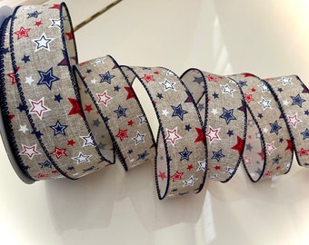 1.5” Red, White, & Blue Star Pattern Wired Ribbon #110 - Sold By The Yard