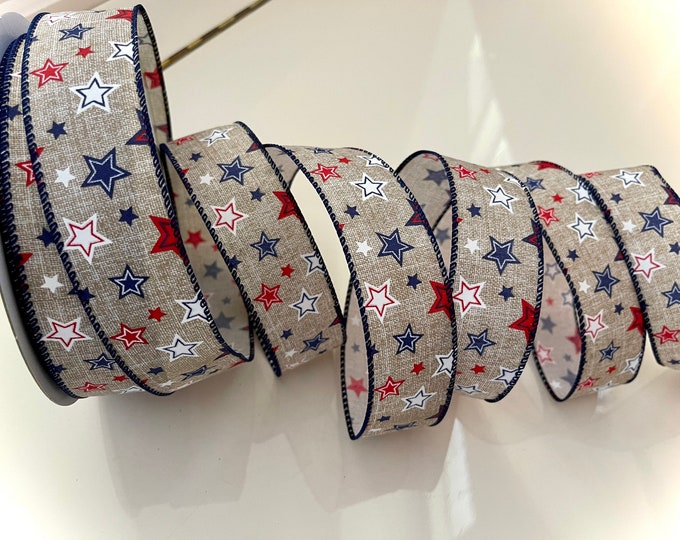 1.5” Red, White, & Blue Star Pattern Wired Ribbon #110 - Sold By The Yard