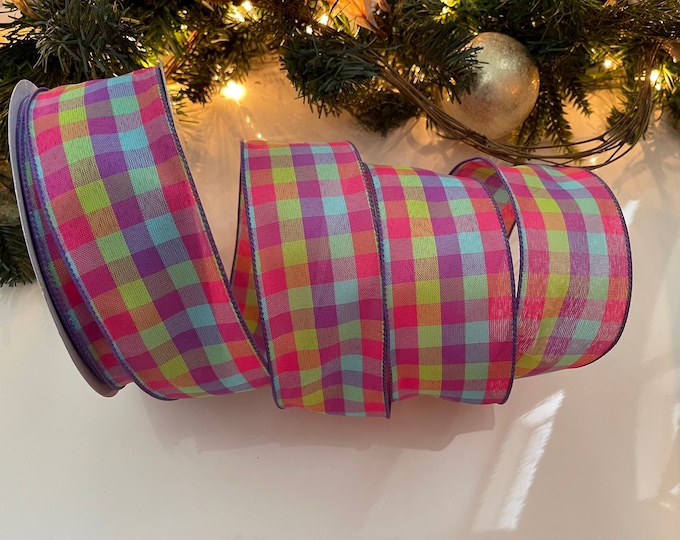2.5" Colorful Spring Plaid Wired Ribbon #90 - Sold By The Yard