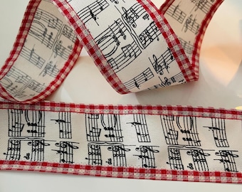 2.5” Vintage Black & Cream Music Note Wired Ribbon with Red Gingham Edges #770 - Sold By The Yard