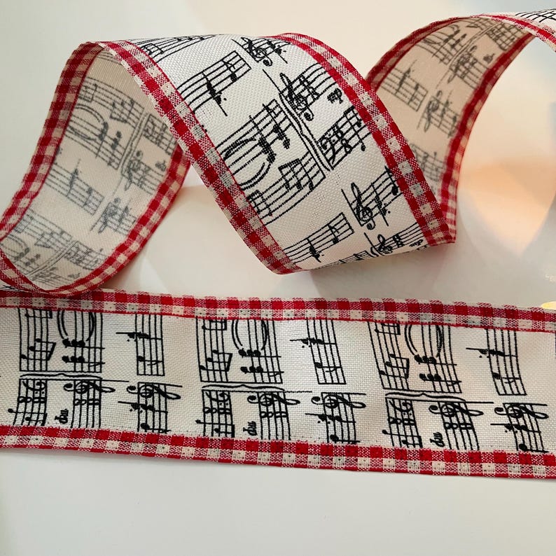 2.5” Vintage Black & Cream Music Note Wired Ribbon With Red Gingham ...