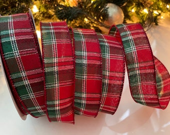 1.5” Red & Green Christmas Plaid Wired Ribbon - Sold By The Yard