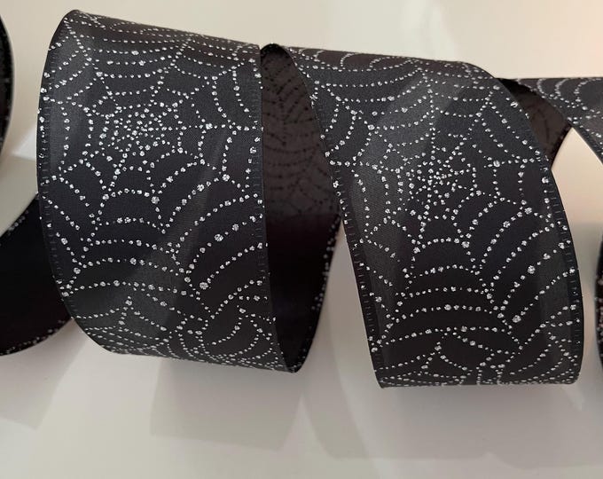 2.5" Glittery Spider Webs Black & Silver Wired Ribbon