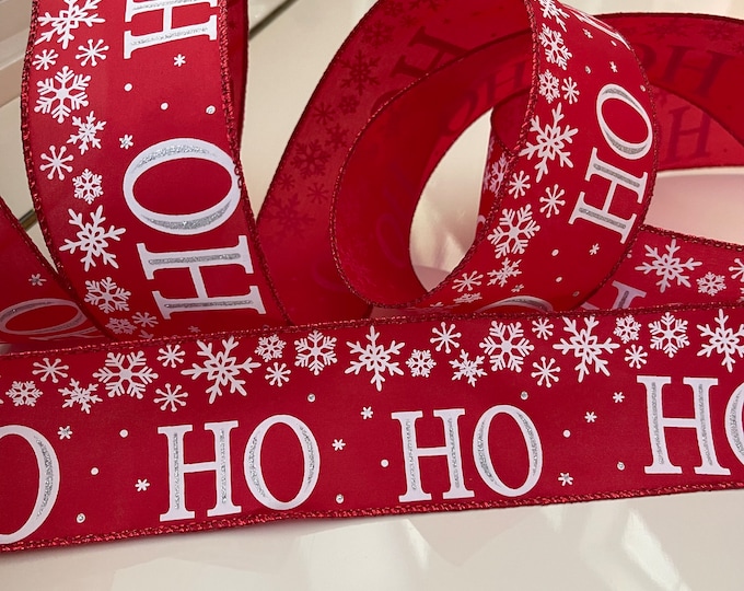 2.5” Red Snowflake Wired Ribbon “ Ho Ho Ho “ #413 - Sold By The Yard