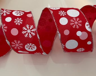 2.5” Snowflakes & Polka Dots Wired Ribbon: Red, Pink, White - Sold By The Yard