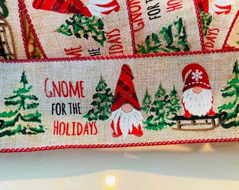 2.5” Christmas Gnomes Beige, Red, and Green Wired Ribbon - Perfect for Gift Wrapping, Wreaths, Decor & Much More! - Sold By The Yard