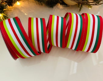 1.5” Striped Wired Ribbon: Red, Green, & White #62 - 10 Yard Roll