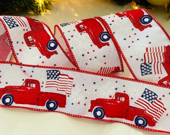2.5" Trucks & Flags Red, White, and Blue Wired Ribbon #124 - 10 Yard Roll