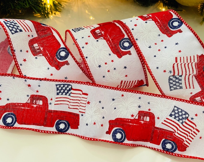 2.5" Trucks & Flags Red, White, and Blue Wired Ribbon #124 - 10 Yard Roll
