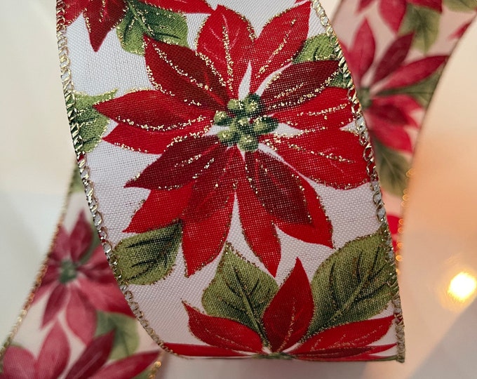 2.5” Sparkly Poinsettia Wired Ribbon: Red, Green, Gold, White #814 - Sold By The Yard