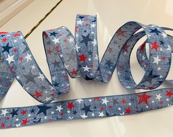 1.5” Red, White, & Blue Star Wired Ribbon #247 - Sold By The Yard