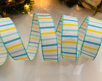 1.5” Blue & Yellow Striped Canvas Wired Ribbon - Sold By The Yard