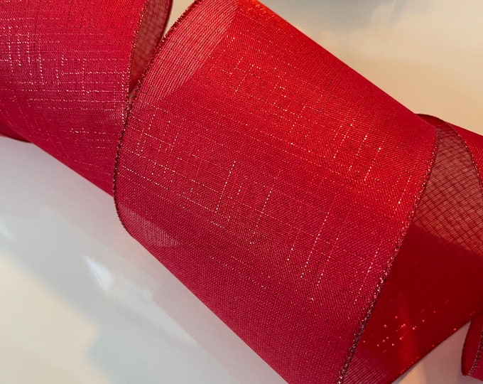 5” Red with Metallic Lines Wired Ribbon - Sold By The Yard