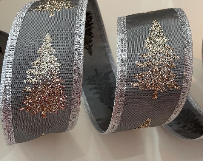 2.5” Gray & Silver Glitter Trees Wired Ribbon