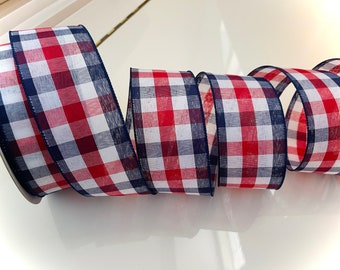 2.5” Plaid Red, White, and Blue Wired Ribbon #3043 - Sold By The Yard