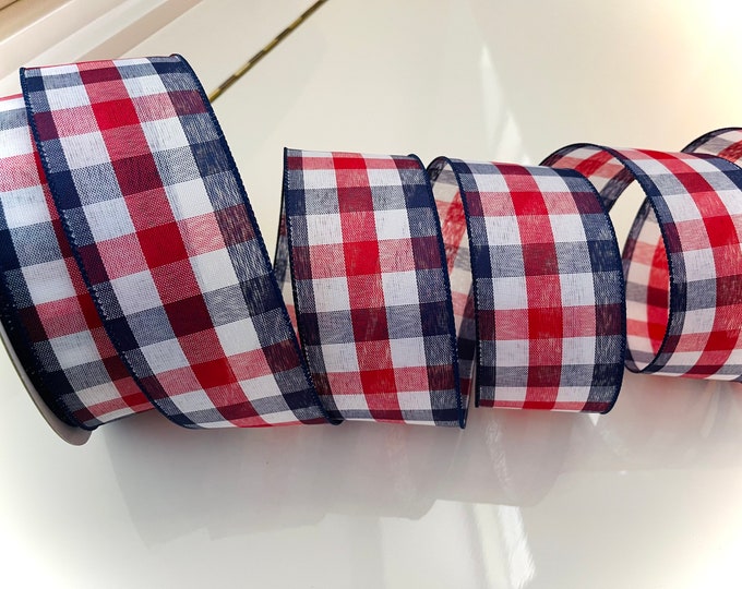 2.5” Plaid Red, White, and Blue Wired Ribbon #3043 - Sold By The Yard