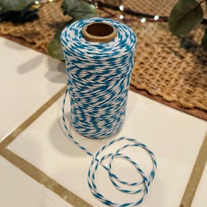 May include: A spool of teal and white baker's twine. The twine is tightly wound around a cardboard core. A length of the twine is unwound and lies in a loose coil. The background includes a woven mat and greenery.