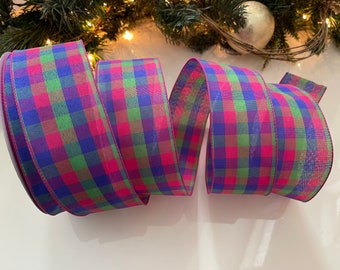 2.5" Plaid Wired Ribbon: Blue, Pink, & Green #59 - Sold By The Yard