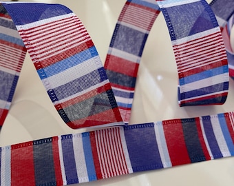 1.5” Red, White, & Blue Striped Wired Ribbon - Sold By The Yard