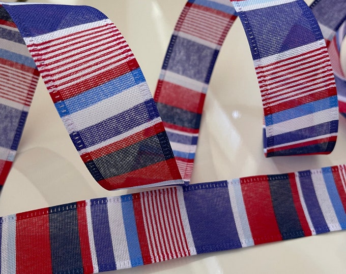 1.5” Red, White, & Blue Striped Wired Ribbon - Sold By The Yard