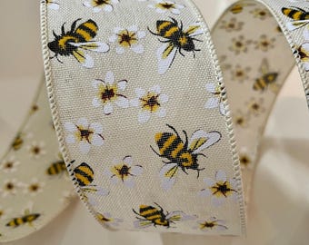 2.5" Bumblebees with Flowers Wired Ribbon: Yellow, Black, Cream, White
