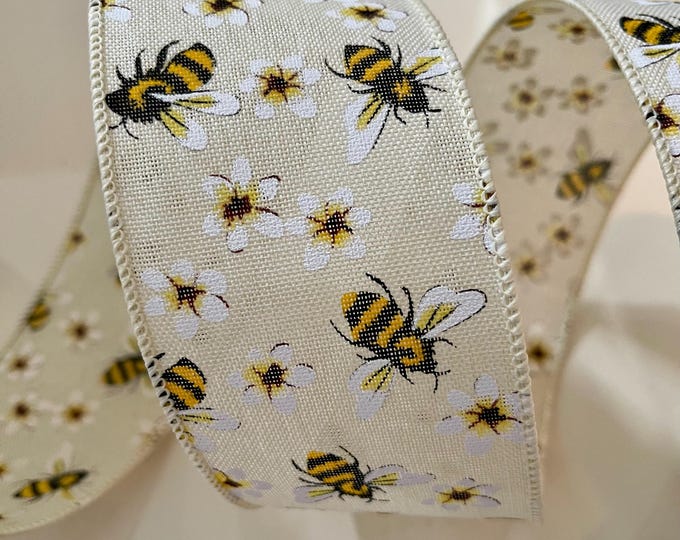 2.5" Bumblebees with Flowers Wired Ribbon: Yellow, Black, Cream, White
