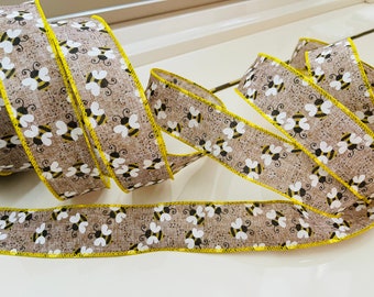 1.5” Bumblebee Beige Wired Ribbon with Yellow Trim - Sold By The Yard