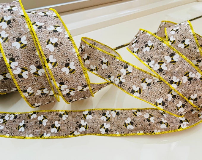 1.5” Bumblebee Beige Wired Ribbon with Yellow Trim - Sold By The Yard