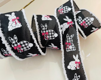 10 Yard Roll - 2.5” Fuzzy Edge Black & White Bunny Wired Ribbon: Plaid and Polka Dots #482