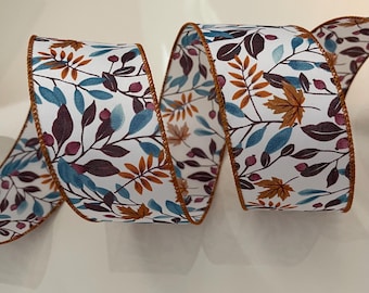 2.5” Fall Leaves Wired Ribbon: Blue, Plum, Orange, White - Sold By The Yard