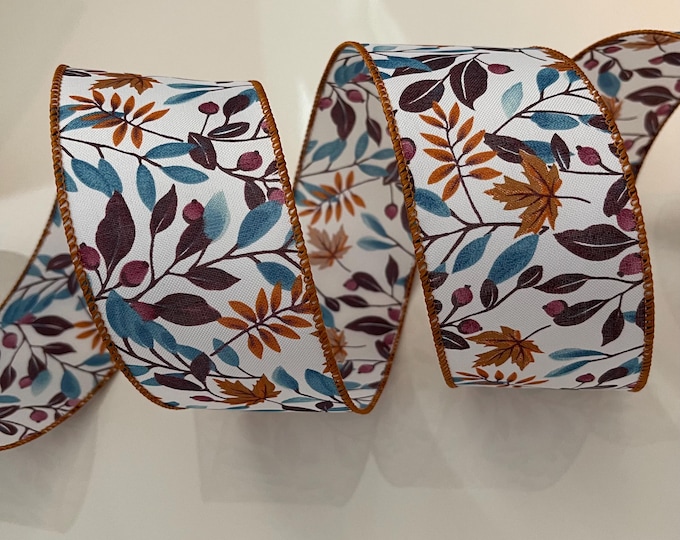 2.5” Fall Leaves Wired Ribbon: Blue, Plum, Orange, White - Sold By The Yard