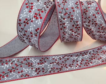 1.5” Red & White Glittery Holly Berries Gray Wired Ribbon #747 - Sold By The Yard