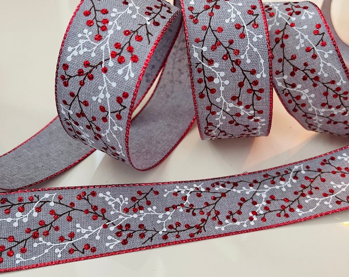 1.5” Red & White Glittery Holly Berries Gray Wired Ribbon #747 - Sold By The Yard