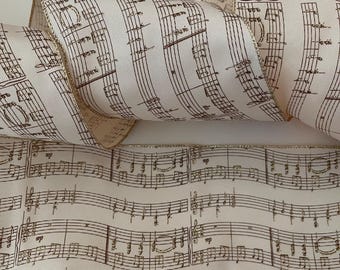 5” Music Note Wired Ribbon: Cream, Brown, Gold Glitter - Sold By The Yard