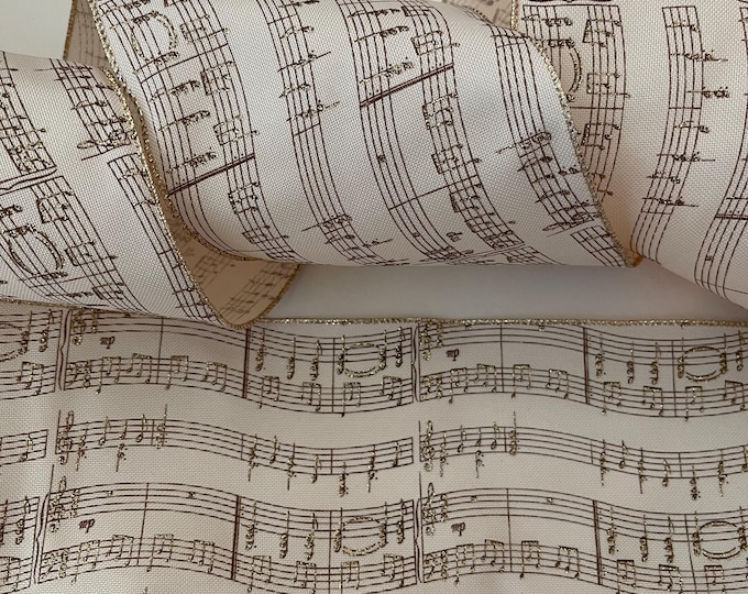 5” Music Note Wired Ribbon: Cream, Brown, Gold Glitter - Sold By The Yard