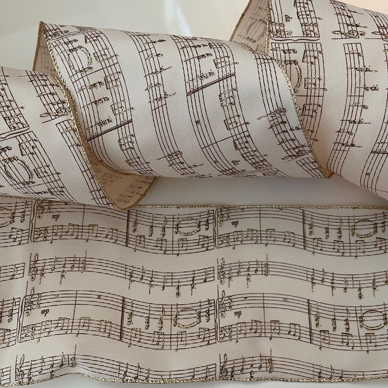 5” Music Note Wired Ribbon: Cream, Brown, Gold Glitter - Sold by the ...