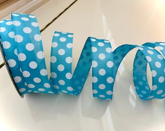 1.5” Blue & White Polka Dot Wired Ribbon - Sold By The Yard