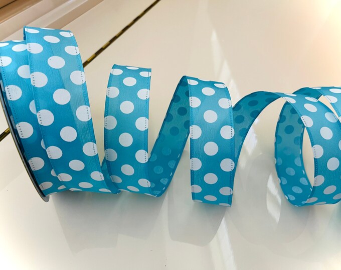 1.5” Blue & White Polka Dot Wired Ribbon - Sold By The Yard